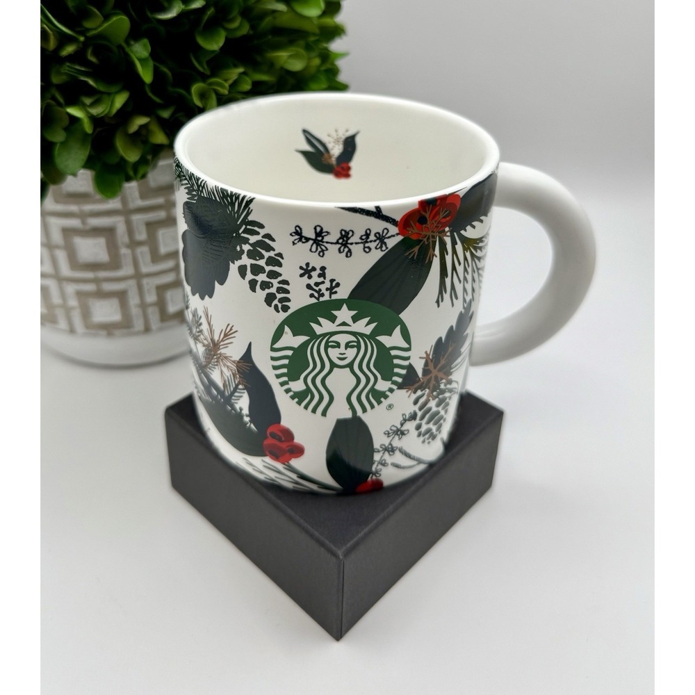 Starbucks 2021 Holiday Botanical Mug 12 oz Evergreen Holly Green White RETIRED‎